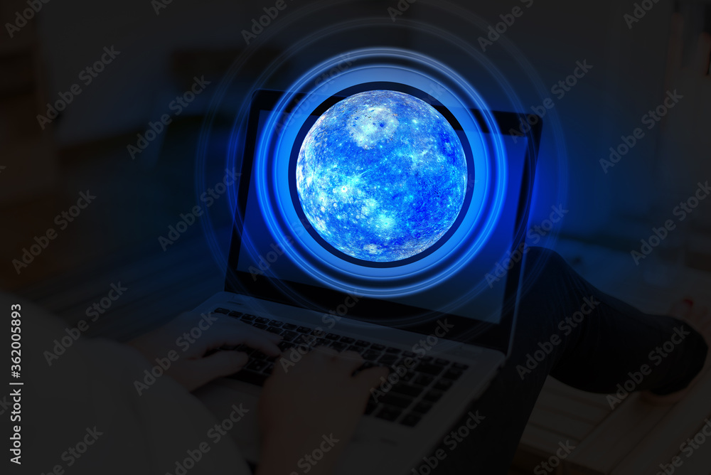 Poster digital image of distant solar system showing global technology networks. elements of this image fur