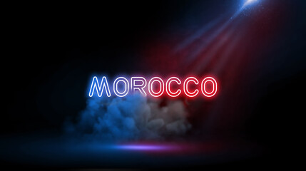 Morocco, a North African country bordering the Atlantic Ocean and Mediterranean Sea | City name in neon light effect, Studio room environment with smoke and spotlight.