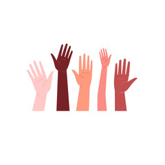 Fototapeta na wymiar Flat illustration of hands of different colors holding up together. Solidarity protest. Unity concept