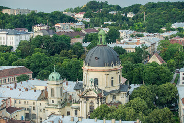 Fototapeta na wymiar aerial view on Dominican cathedral and other Lviv historical buildings in Ukraine