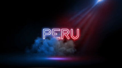 Peru is a country in South America that's home to a section of Amazon rainforest and Machu Picchu. Neon light in Wall of Studio Room with Spotlight and Smoke.