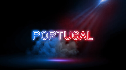 Portugal is a southern European country on the Iberian Peninsula, bordering Spain.  Neon light in Wall of Studio Room with Spotlight and Smoke.