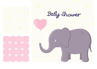 Vector illustration with cartoon elephant and inscription "baby shower" and seamless patterns with hearts and stars. For birthday or party invitation and so print design for pajamas, nursery poster.