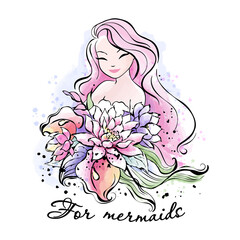 Art. Beautiful pink hair mermaid with a bouquet of flowers. Print for clothes and fabrics. Fashionable ink and watercolor style. For mermaid text.