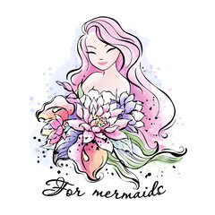 Art. Beautiful pink hair mermaid with a bouquet of flowers. Print for clothes and fabrics. Fashionable ink and watercolor style. For mermaid text.