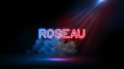Roseau is the capital of the Caribbean island nation of Dominica. Neon light in Wall of Studio Room with Spotlight and Smoke.