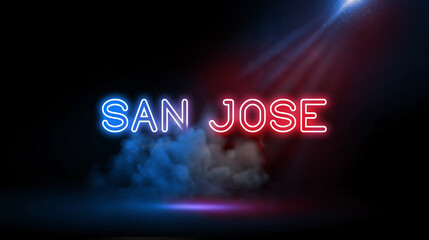 San Jose is a large city surrounded by rolling hills in Silicon Valley, a major technology hub in California's Bay Area. Studio Room with Neon lights.