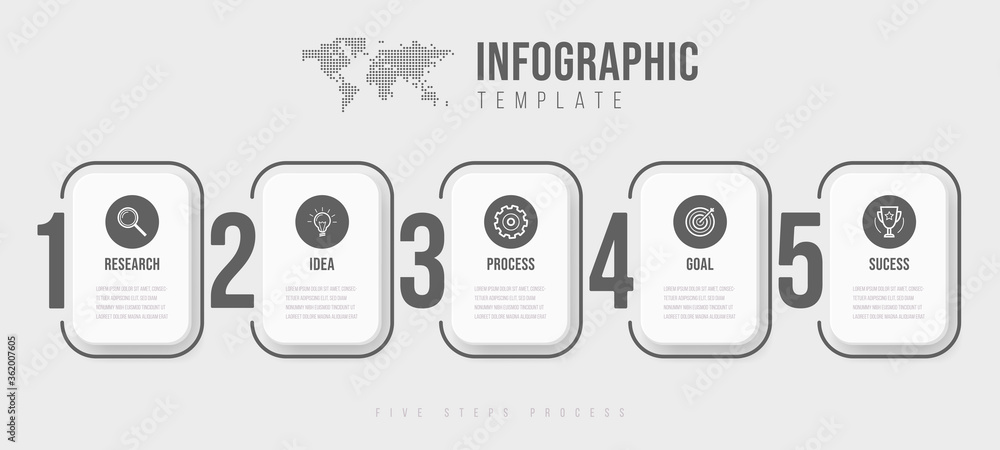 Poster business infographics template. timeline with 5 circle arrow steps, five number options. world map i