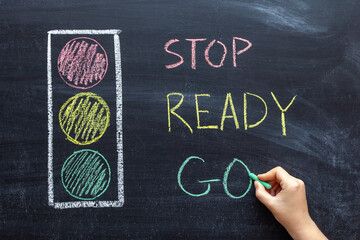 Drawing of a traffic light on a chalk Board. Text STOP, READY, GO, hand with chalk