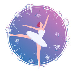 Flat ballerina in flower card illustration. Dance in purple circle clock template. Ballet art banner, logo, emblem, poster vector isolated on white background. Cartoon dancer with decoration frame