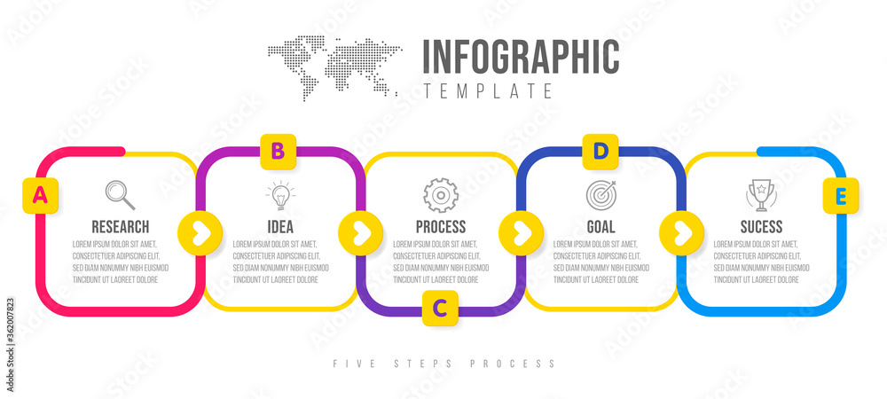 Poster business infographics template. timeline with 5 circle arrow steps, five number options. world map i