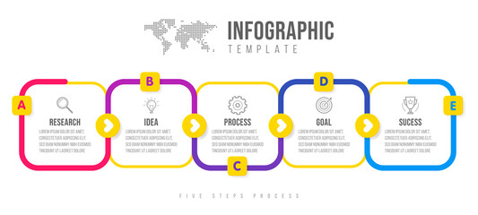 Business infographics template. Timeline with 5 circle arrow steps, five number options. World Map in background. Vector element