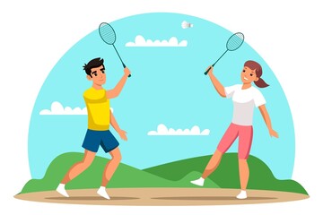 Couple playing badminton flat vector illustration