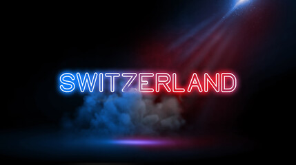 Switzerland is a mountainous Central European country, home to numerous lakes, villages and the high peaks of the Alps. Country name in Studio room with Neon lights.