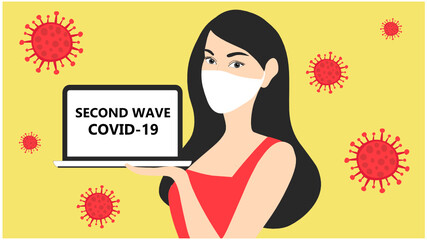 Covid-19 second wave beautiful woman wearing face mask to prevent from covid-19 coronavirus disease outbreak vector illustration