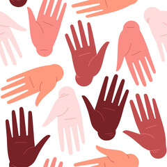 Fototapeta premium Seamles pattern of differently rotated palms of different skin tones on a white background