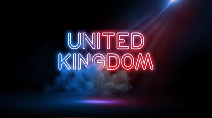 The United Kingdom, made up of England, Scotland, Wales and Northern Ireland, Country name in Studio room with Neon lights.