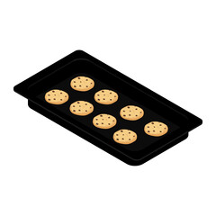 Freshly baked homemade cookies on baking tray, form. Isometric view. Vector