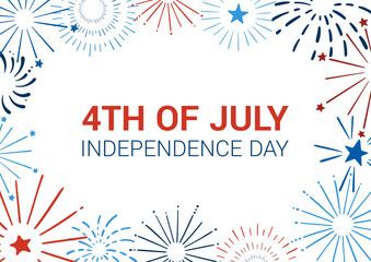 Happy 4th of July. Happy Independence Day vector banner. Festive hand drawn banner with fireworks. Vector illustration in traditional American colors: red, blue, white