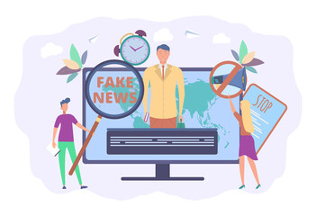 Fake news. The Yellow Press, newspaper journalists, editors. Fake news, junk news, misinformation in media concept. Site template. Colorful vector illustration.