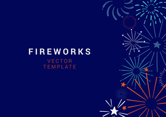 Fototapeta na wymiar Hand drawn festive vector banner with colorful fireworks. Vector background for holiday, party, Christmas, birthday, carnival, Independence day. Celebration vector web banner