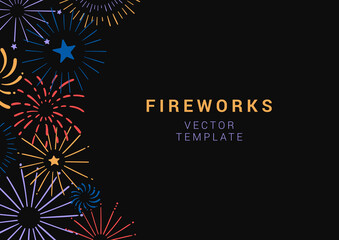 Hand drawn festive vector banner with colorful fireworks. Vector background for holiday, party, Christmas, birthday, carnival, Independence day. Celebration vector web banner