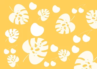 Raamstickers White leaves of monstera and cherry berries on a yellow background. Summer background with leaves and berries. © Ekaterina Kaiurova
