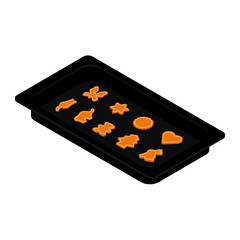 Freshly baked homemade cookies on baking tray, form. Isometric view. Vector