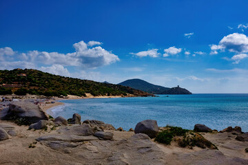 Marine panorama on the cliff and beach of Chia Cagliari Sardinia Italy