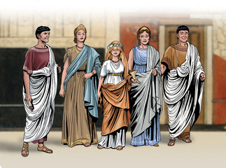 Ancient Rome - Roman wedding. The young bride with parents and in-laws