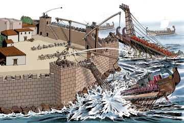 Ancient Rome - Syracuse, Roman ships attack against Archimedes' defensive machines - obrazy, fototapety, plakaty