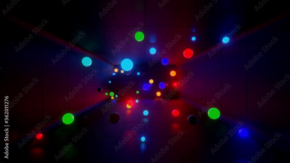 Poster 3d abstract creative animation background with neon glow multi-colored spheres inside camera, reflec