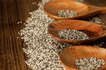 Wooden spoon with chia seeds close up