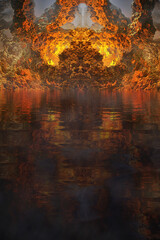 Fantastic image of a burning, hot island in the shape of a bull's head with lights and reflections in the water. 3d illustration