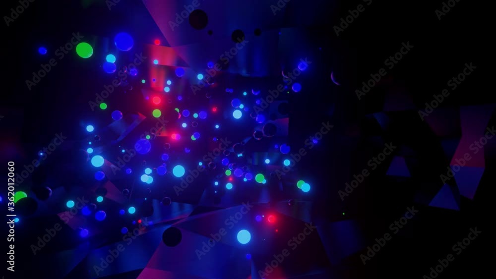 Poster 3d abstract creative animation background with neon glow multi-colored spheres inside camera, reflec
