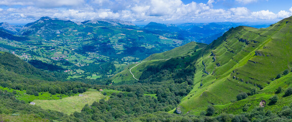 Landscape from a drone in Portillo de la Sia. Mowing meadows, pasiegas cabins and beech forests. Community of Cantabria. Spain.Europe