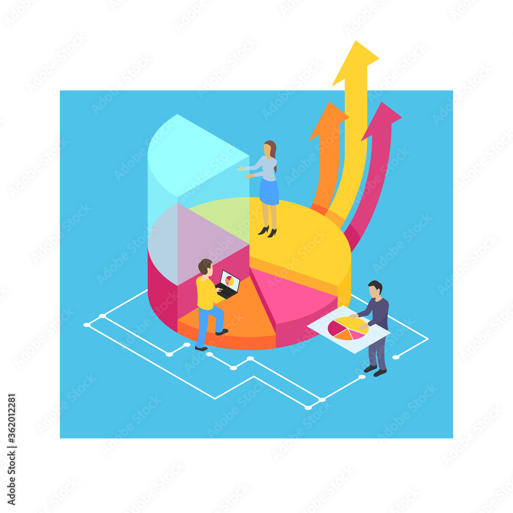 Poster group of people perform data analysis - isometric vector concept with graph and circular diagram