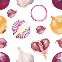 Fototapeta premium Seamless print of onions and garlic. Raster sharp vegetables hand drawn isolated on a white background. Square timeless print of cloves and whole garlic and onions