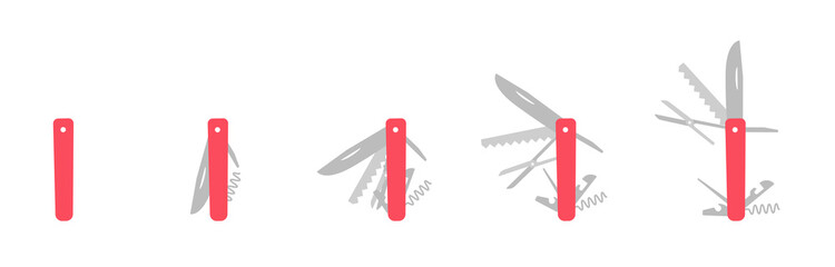 Jackknife multi-tool. Folding knife. The folded and unfolded position. The folded and unfolded position penknife. Animation progression stages vector infographic.
