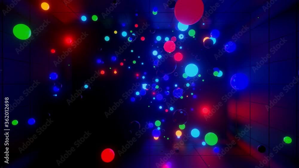Poster 3d abstract creative animation background with neon glow multi-colored spheres inside camera, reflec
