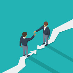Business contract concept - two businessmen give each other hand for handshake and stay on towars direction arrows - vector illustration in low-poly style