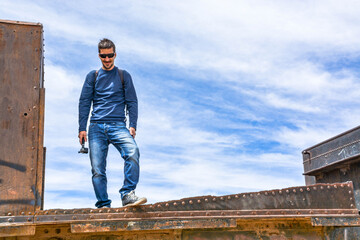 Posing at the train cemetery, Uyuni, Bolivia