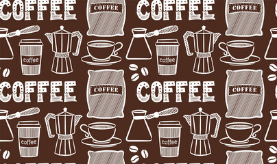 Seamless Hand-drawn coffee pattern in chalky style. Doodle Cup and coffee beans, coffee maker, turk, lettering and bag. Background for cafe, restaurant, coffee shop or menu. Vector illustration.
