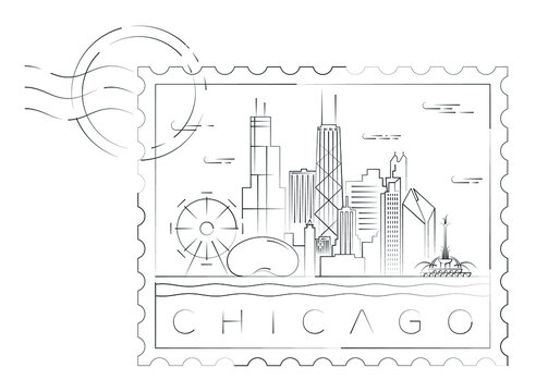 Chicago stamp minimal linear vector illustration and typography design, Illinois, Usa