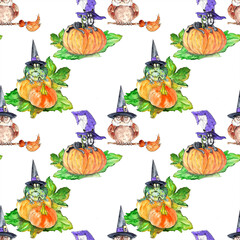 Watercolor hand drawn artistic colorful Halloween spooky  vintage seamless pattern