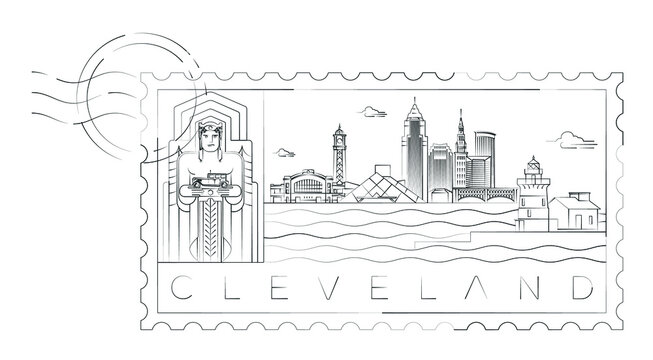Cleveland stamp minimal linear vector illustration and typography design, Ohio, Usa