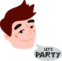 Cute card. Let's party. Modern illustration in vector. Design for banner, card, placard, brochure. Transparent background