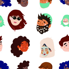 Seamless patterns and hand drawn texture.  Various people faces.Different icons and logos. Modern illustration in vector. Transparent background 