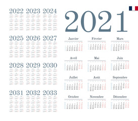 French Calendar for 2021-2033. Week starts on Monday