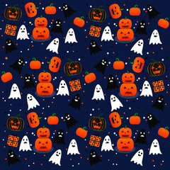 Halloween wallpaper. Pumpkin, ghosts, and presents on dark blue background. Vector graphic in a flat design. Halloween holiday. Halloween party. 
